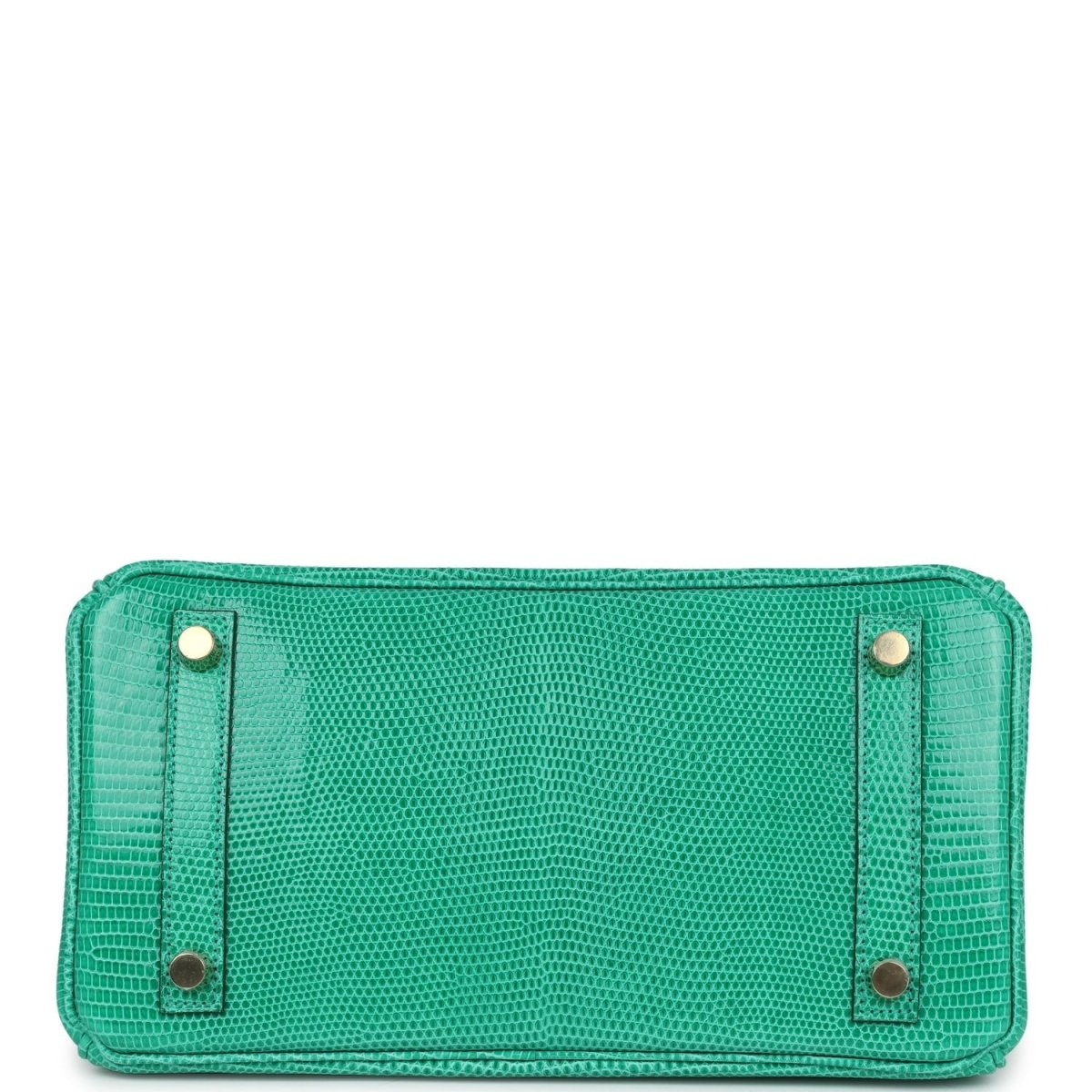 Mint green lizard handbag base panel with gold snaps and stitched edges