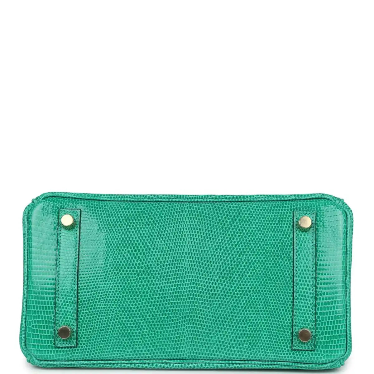 Mint green lizard handbag base panel with gold snaps and stitched edges