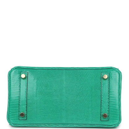 Mint green lizard handbag base panel with gold snaps and stitched edges