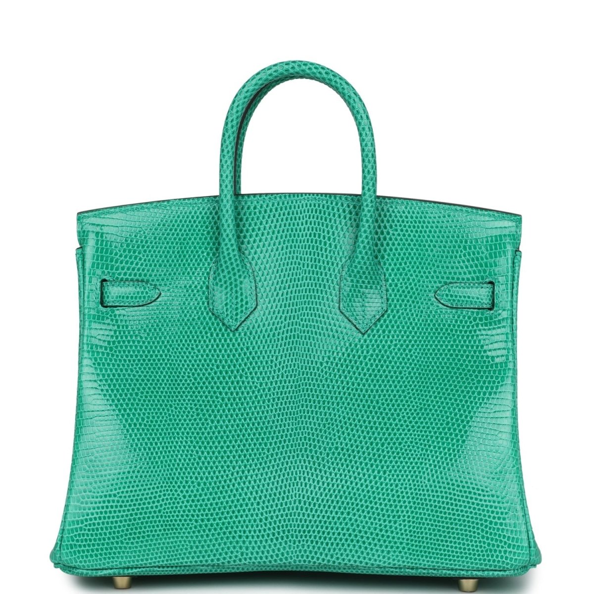 Mint green lizard handbag back view with stitched pockets