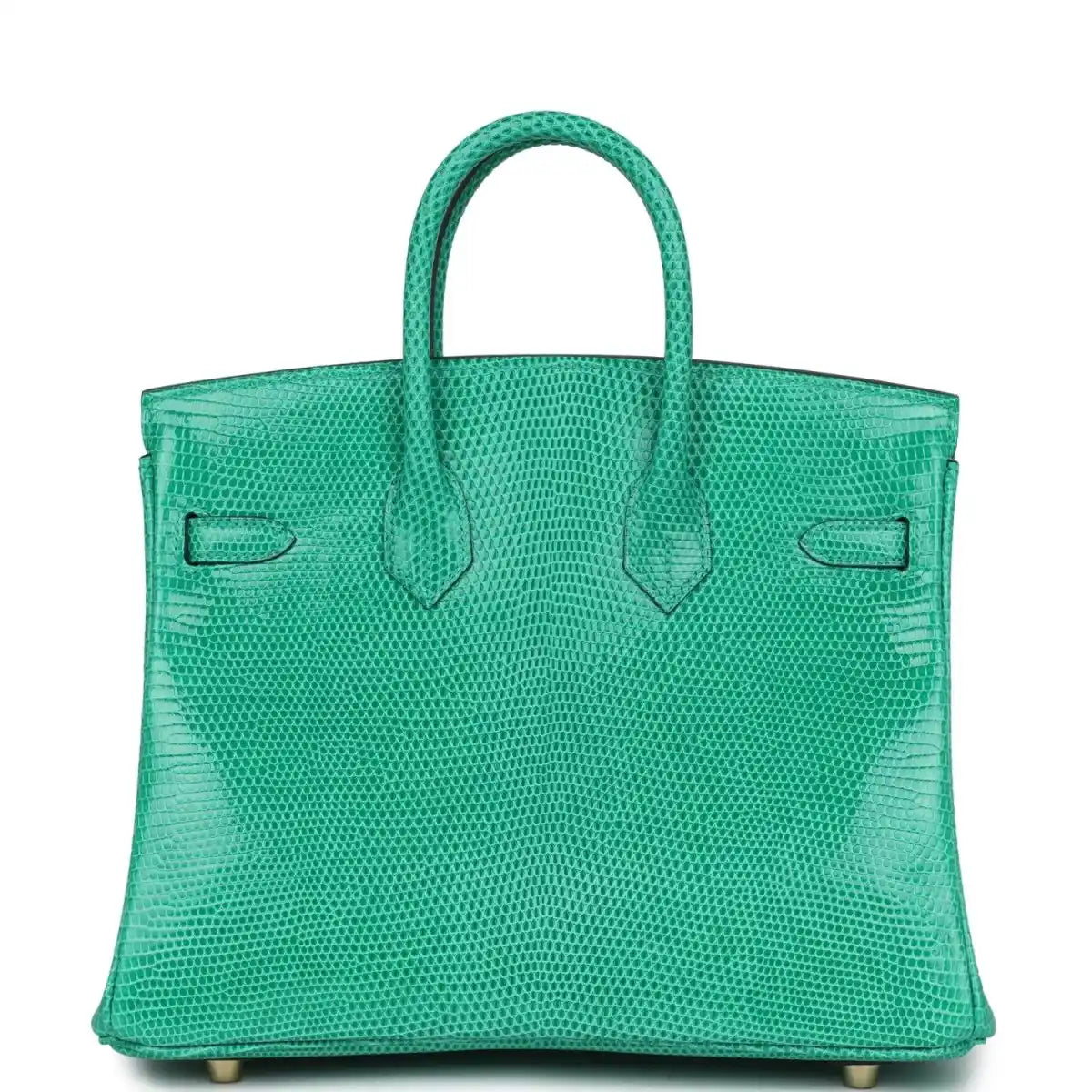 Mint green lizard handbag back view with stitched pockets