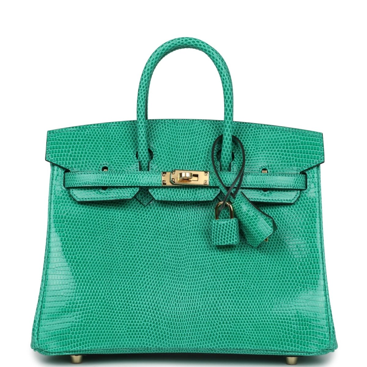 Mint green lizard handbag with gold-tone clasp and top handles