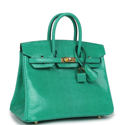 Mint green lizard handbag with gold-tone lock, front flap, and tie detail