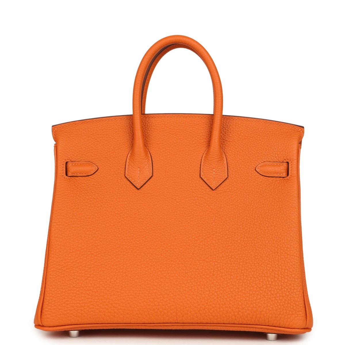 Orange leather Birkin 25 handbag back view with top handles and minimal rear details