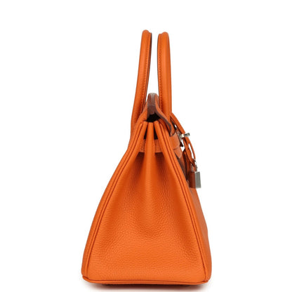 Orange leather Birkin 25 handbag side view with rolled top handles and top edge seams
