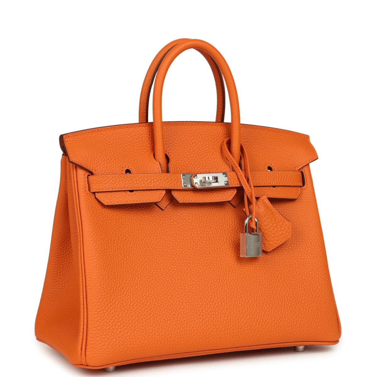 Orange leather Birkin 25 handbag front view with hinged lock and dangling padlock charm