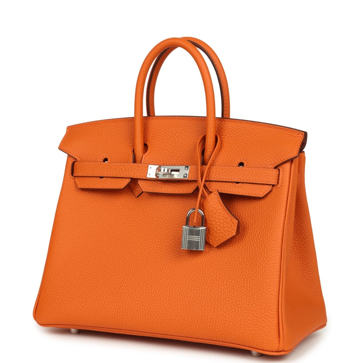 Orange leather Birkin 25 handbag front view with silver-tone lock hardware and strap detail