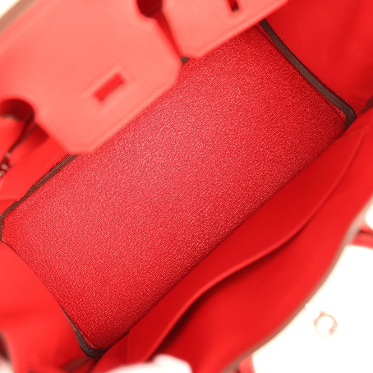 Hermes Birkin 25 handbag interior with red leather pocket and zipper hardware, palladium