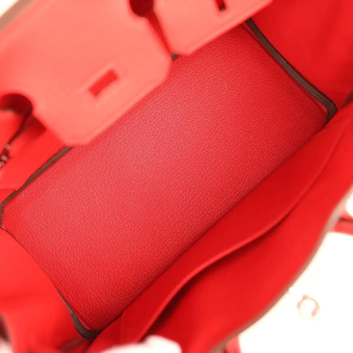 Hermes Birkin 25 handbag interior with red leather pocket and zipper hardware, palladium