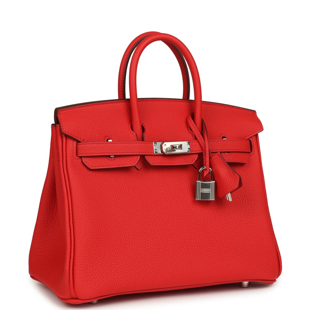 Hermes Birkin 25 handbag, red Togo leather front with lock, hanging key charm, palladium