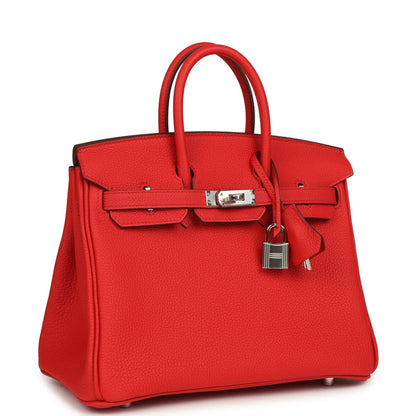 Hermes Birkin 25 handbag, red Togo leather front with lock, hanging key charm, palladium
