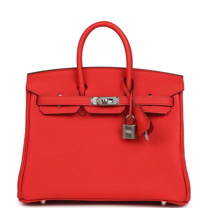 Hermes Birkin 25 handbag, red Togo leather front with turn-lock and strap detail, palladium