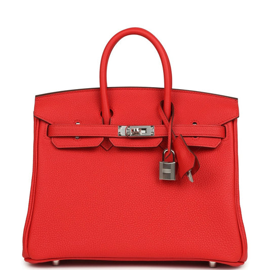Hermes Birkin 25 handbag, red Togo leather front with turn-lock and strap detail, palladium
