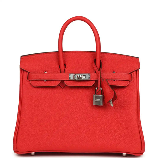 Hermes Birkin 25 handbag, red Togo leather front with turn-lock and strap detail, palladium