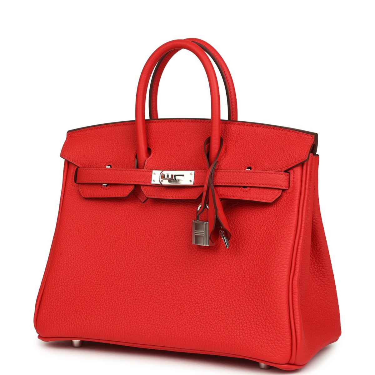 Hermes Birkin 25 handbag, red Togo leather with front lock and hanging key charm, palladium