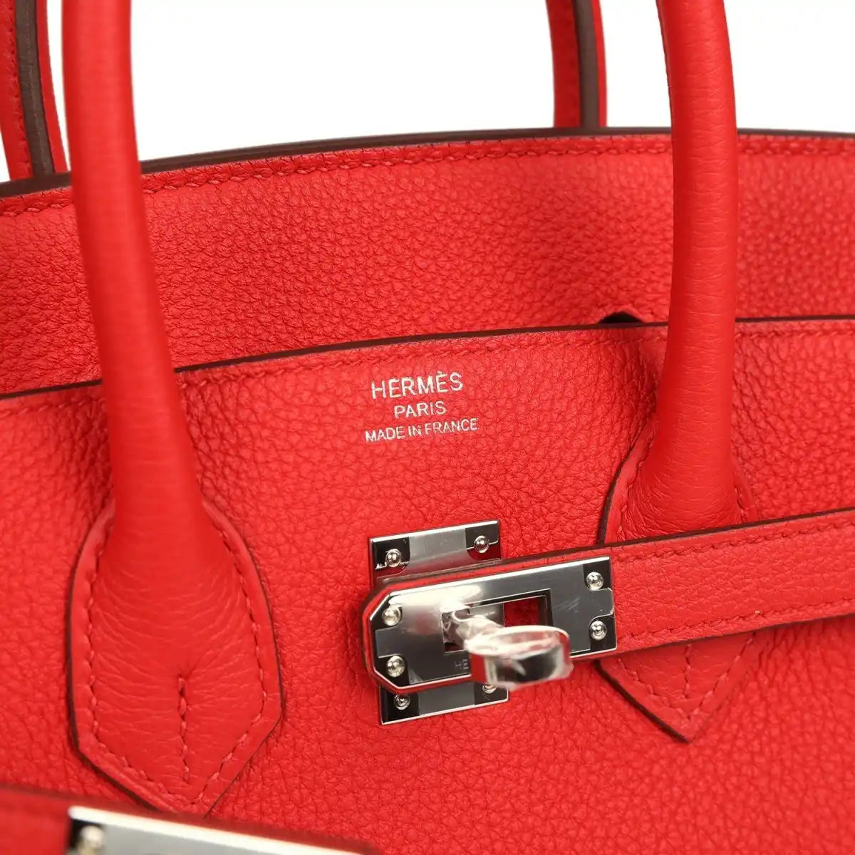 Hermes Birkin 25 handbag interior view with Hermes stamp and palladium turn-lock