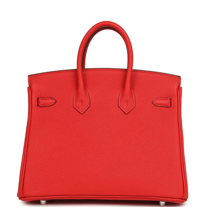 Hermes Birkin 25 handbag, red Togo leather with top handles and front flap, palladium