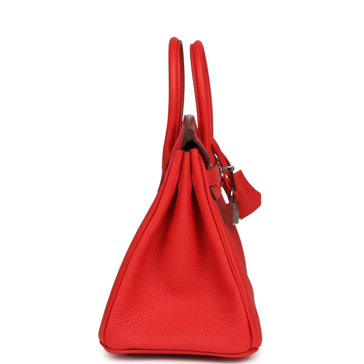 Hermes Birkin 25 handbag side view in red Togo leather with handles and lock hardware, palladium