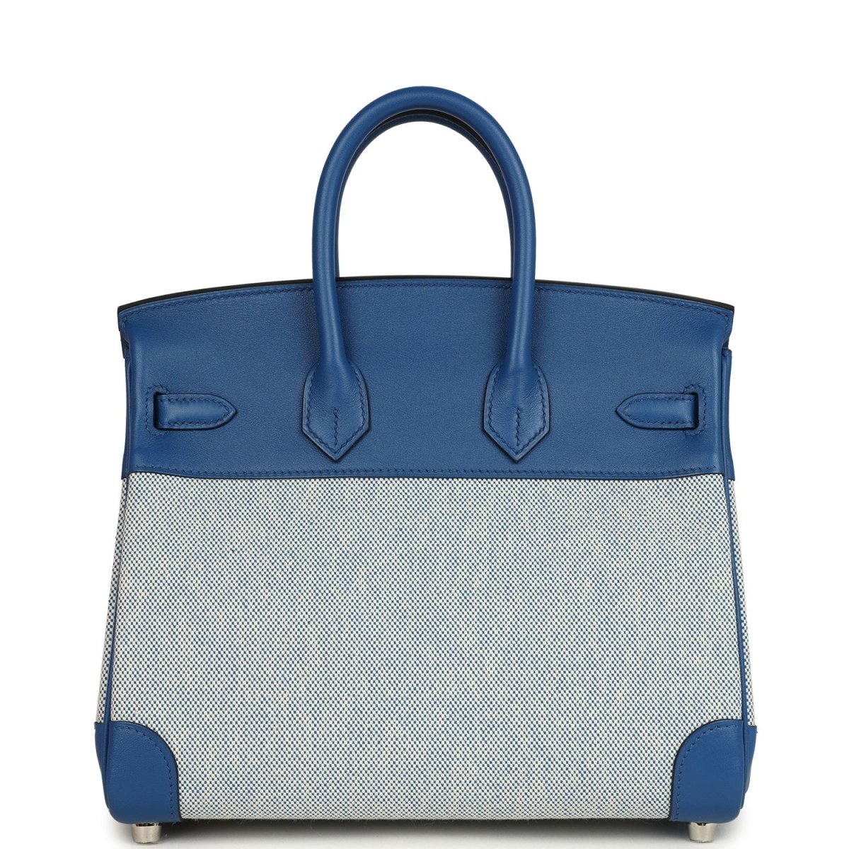 Hermes Birkin 25 handbag front view with stitched flap and blue leather trim