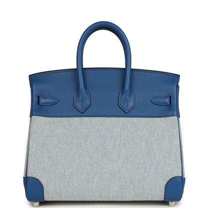 Hermes Birkin 25 handbag front view with stitched flap and blue leather trim