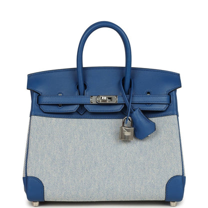 Hermes Birkin 25 handbag with top handles, blue leather and canvas panels