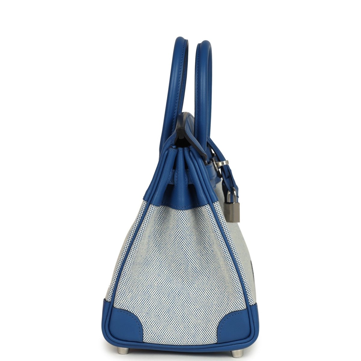 Hermes Birkin 25 handbag side view with top handles and padlock hardware, blue