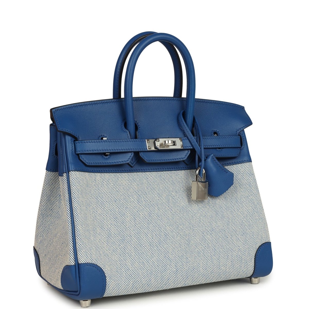 Hermes Birkin 25 handbag with front flap, blue leather, canvas panel, padlock