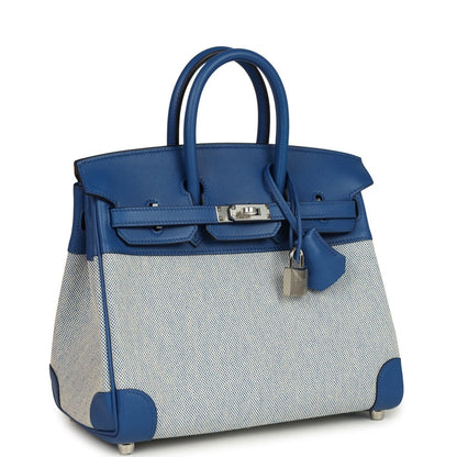 Hermes Birkin 25 handbag with front flap, blue leather, canvas panel, padlock