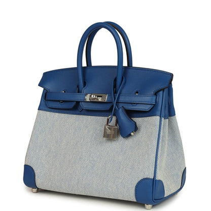 Hermes Birkin 25 handbag front angle with padlock, blue leather and canvas base