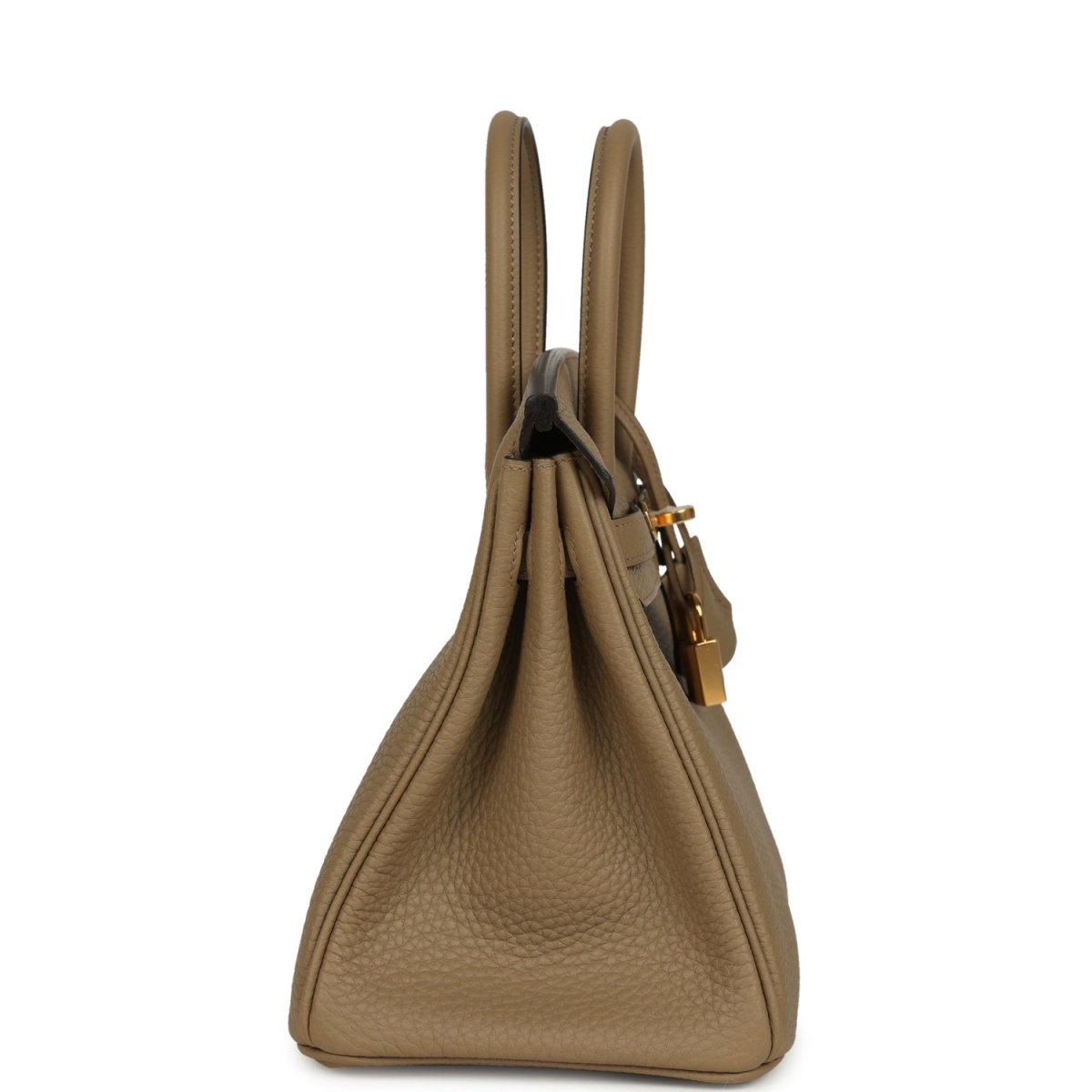 Beige pebbled leather handbag side view with gold hardware and short strap