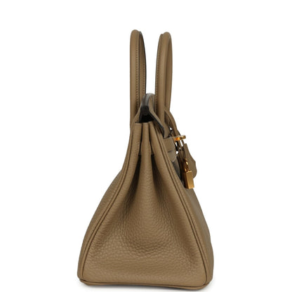 Beige pebbled leather handbag side view with gold hardware and short strap