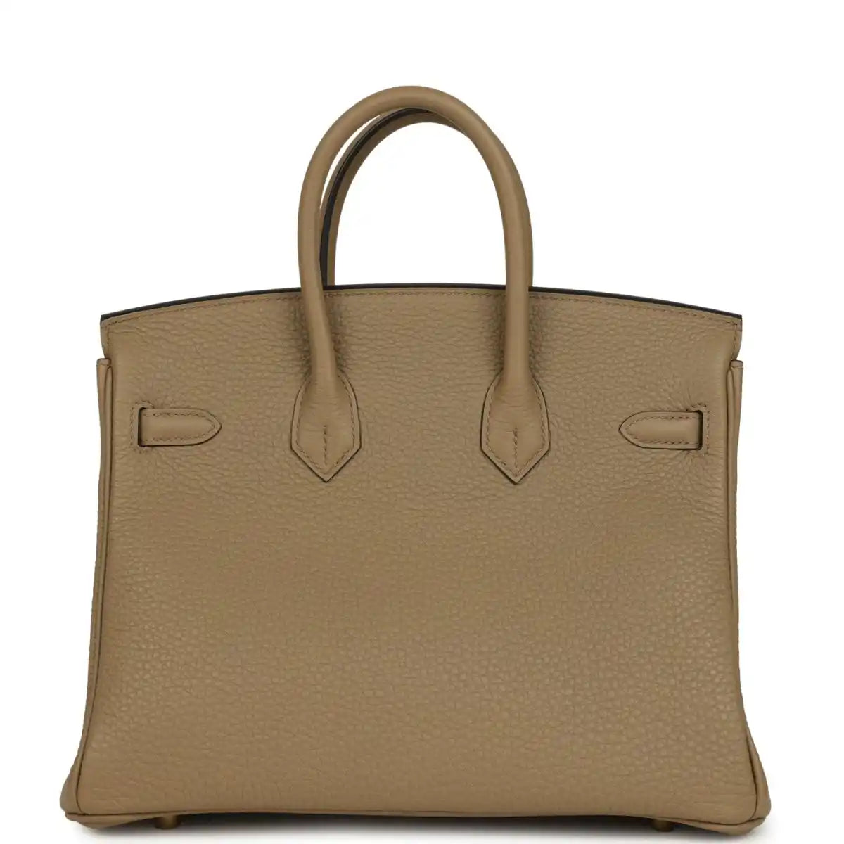 Beige pebbled leather handbag back view with decorative panels and top handles