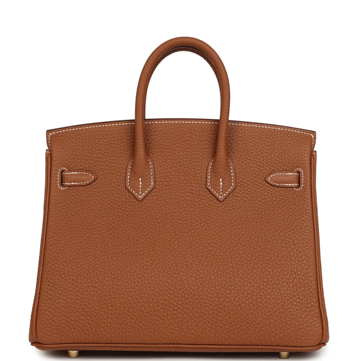 Tan leather handbag with stitched handles and front buckle accents with gold-tone hardware.