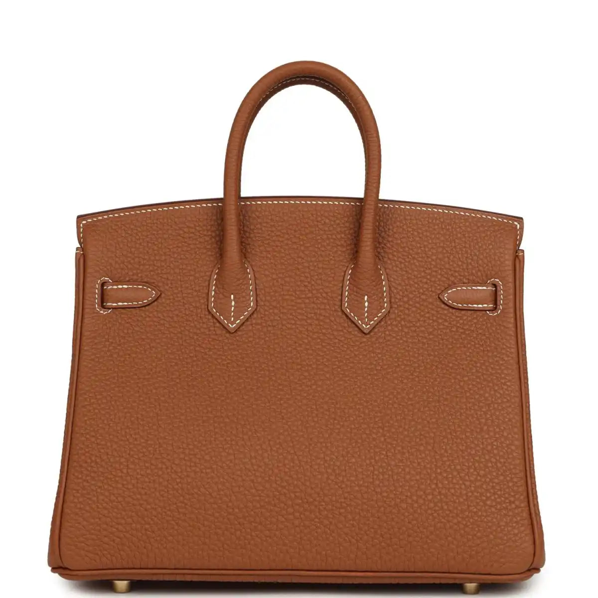 Tan leather handbag with stitched handles and front buckle accents with gold-tone hardware.