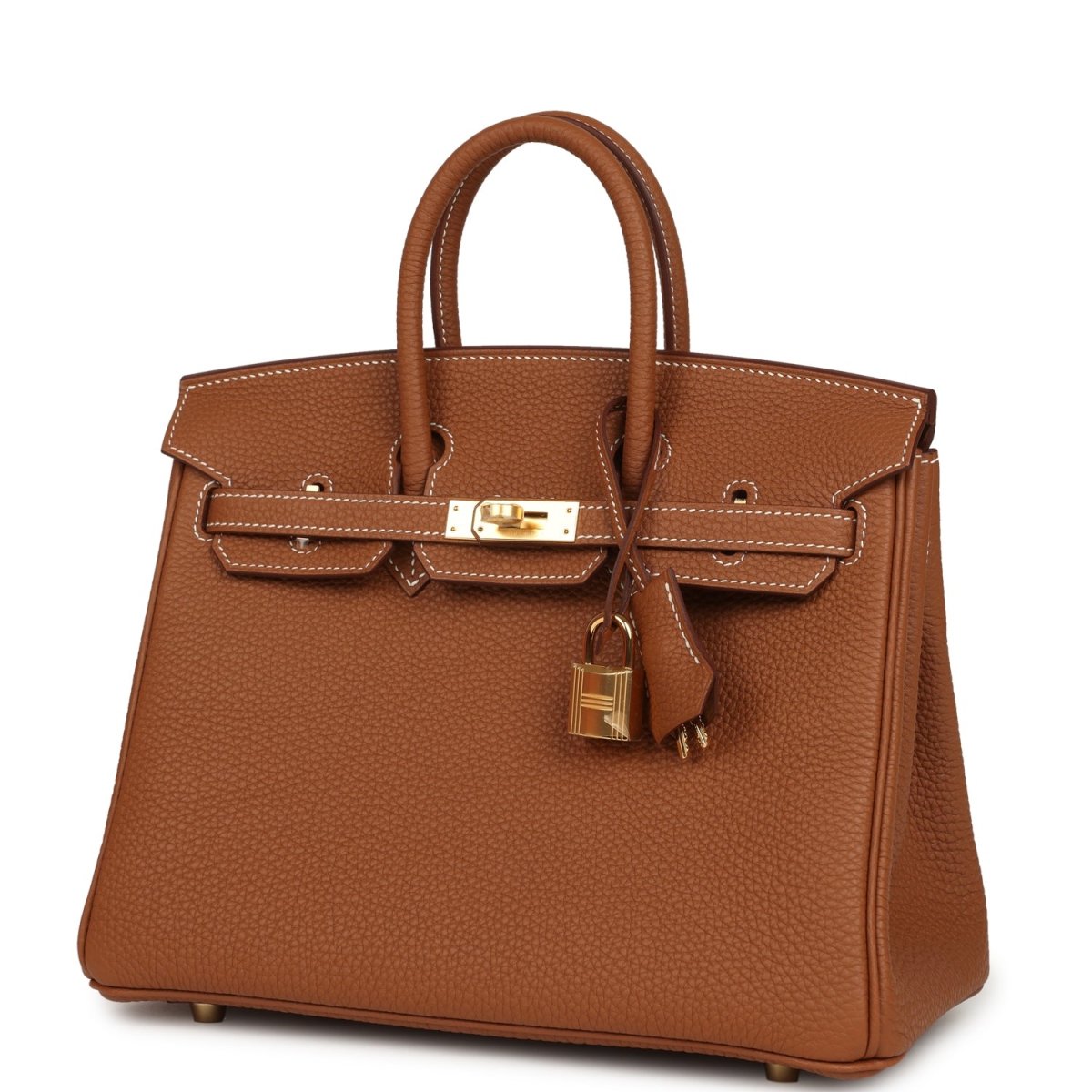 Tan leather handbag with gold-tone front clasp and hanging padlock-style hardware ornament.