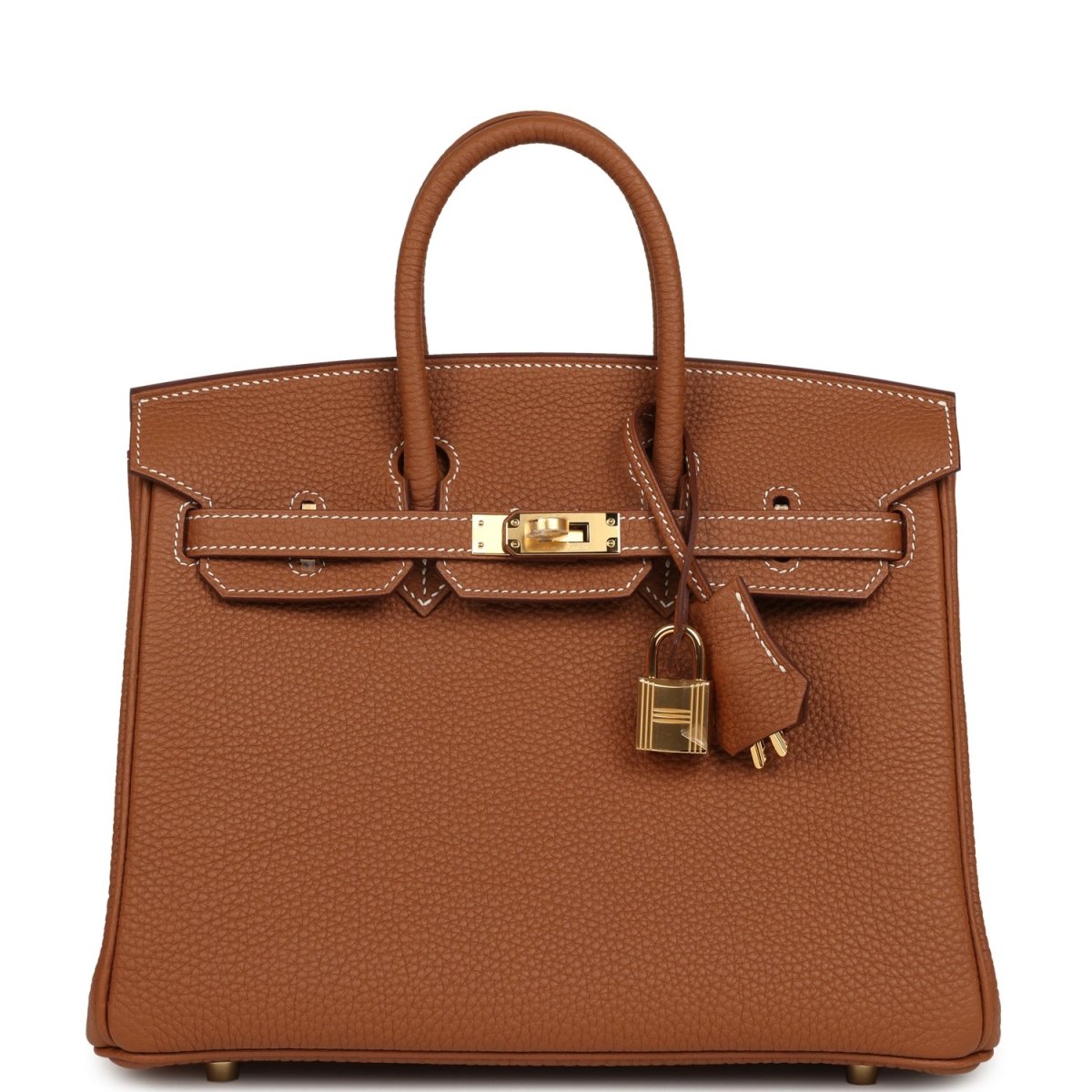 Tan Togo leather handbag with gold-tone hardware, top handles, and front flap closure.