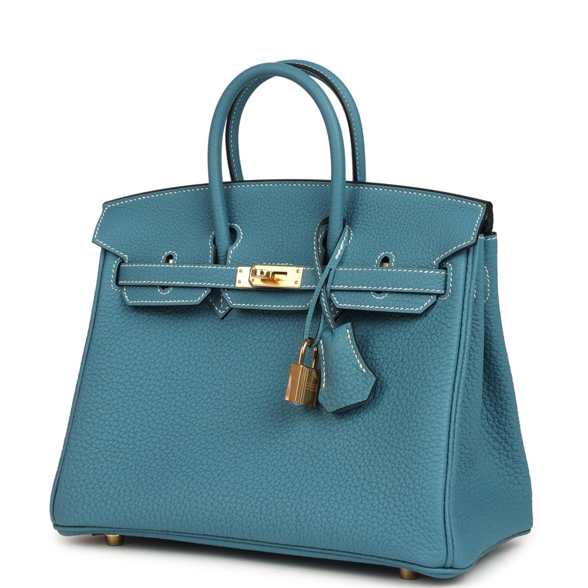 Teal-blue Togo leather handbag with top handles, gold-toned lock and front flap straps