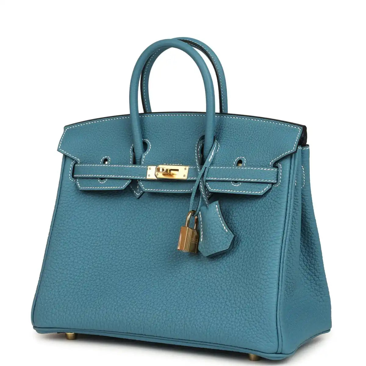 Teal-blue Togo leather handbag with top handles, gold-toned lock and front flap straps