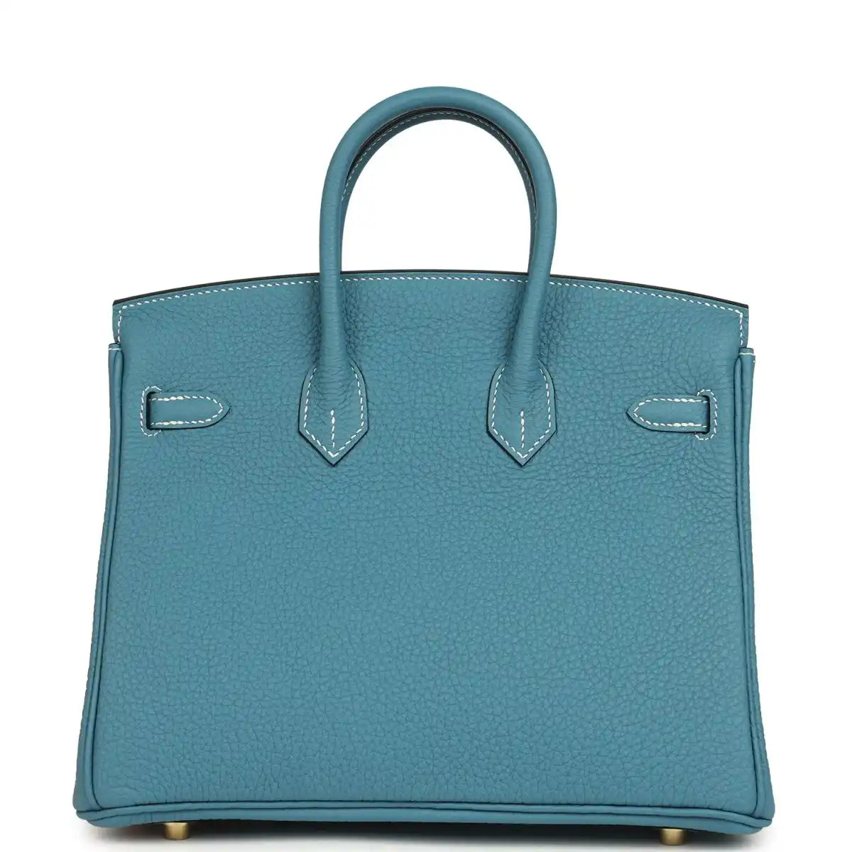 Teal-blue Togo leather handbag with front flap pockets and gold-toned hardware