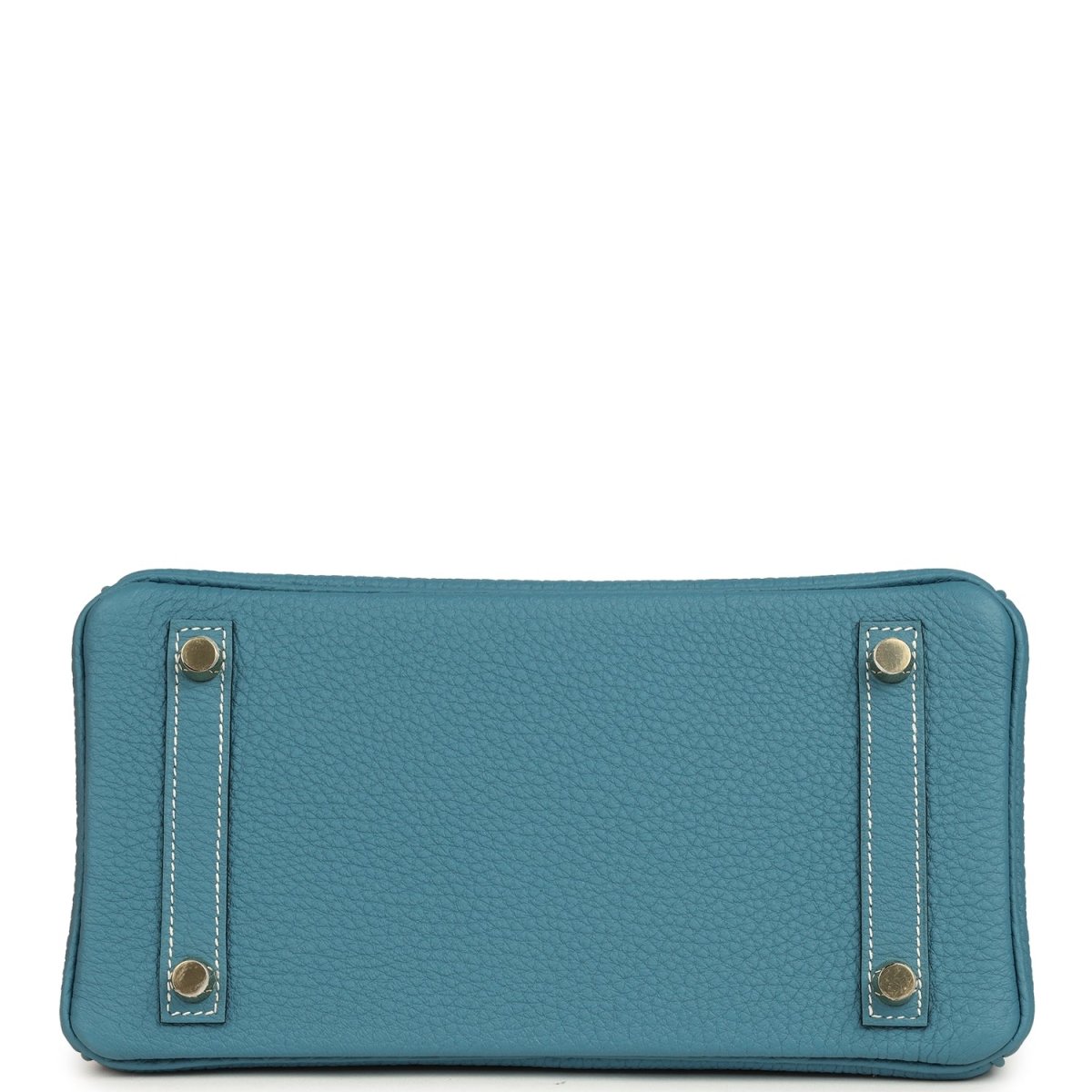 Teal-blue leather crossbody-style flap pouch with gold-tone corner hardware and stitching
