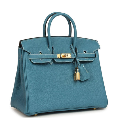 Togo leather handbag with top handles, teal-blue finish, gold-toned lock hardware and straps
