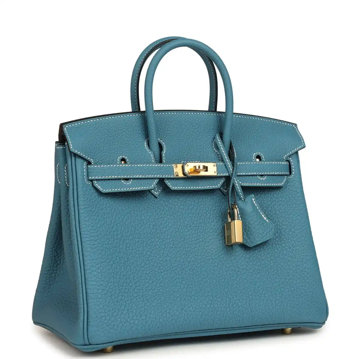 Togo leather handbag with top handles, teal-blue finish, gold-toned lock hardware and straps