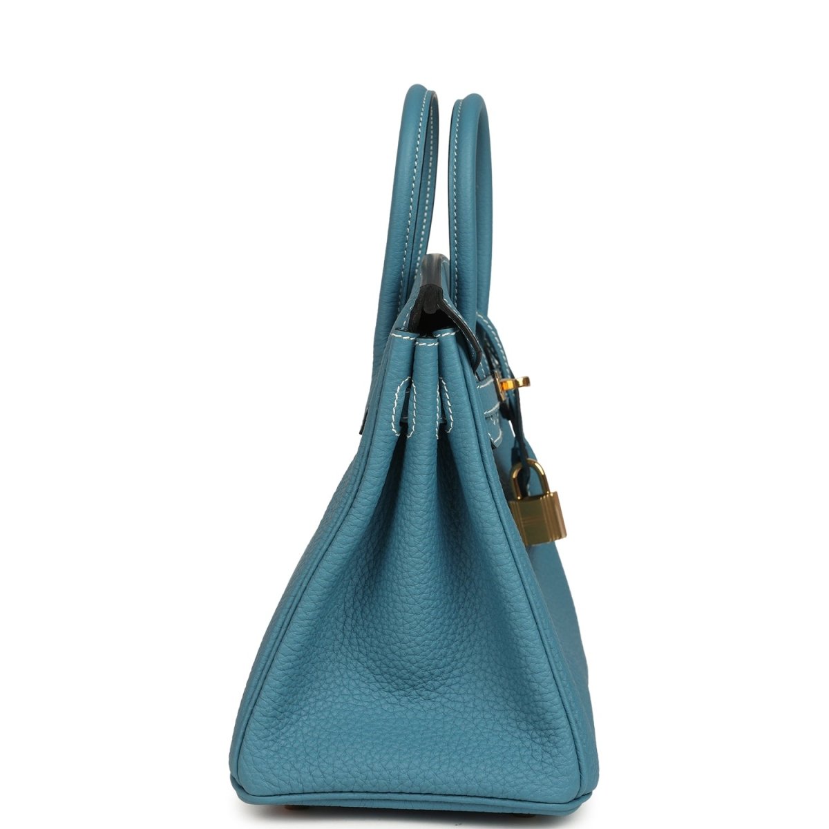 Teal-blue Togo leather handbag with top handles and gold-toned padlock charm