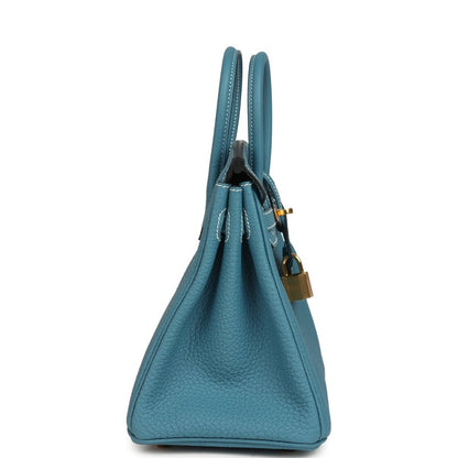 Teal-blue Togo leather handbag with top handles and gold-toned padlock charm