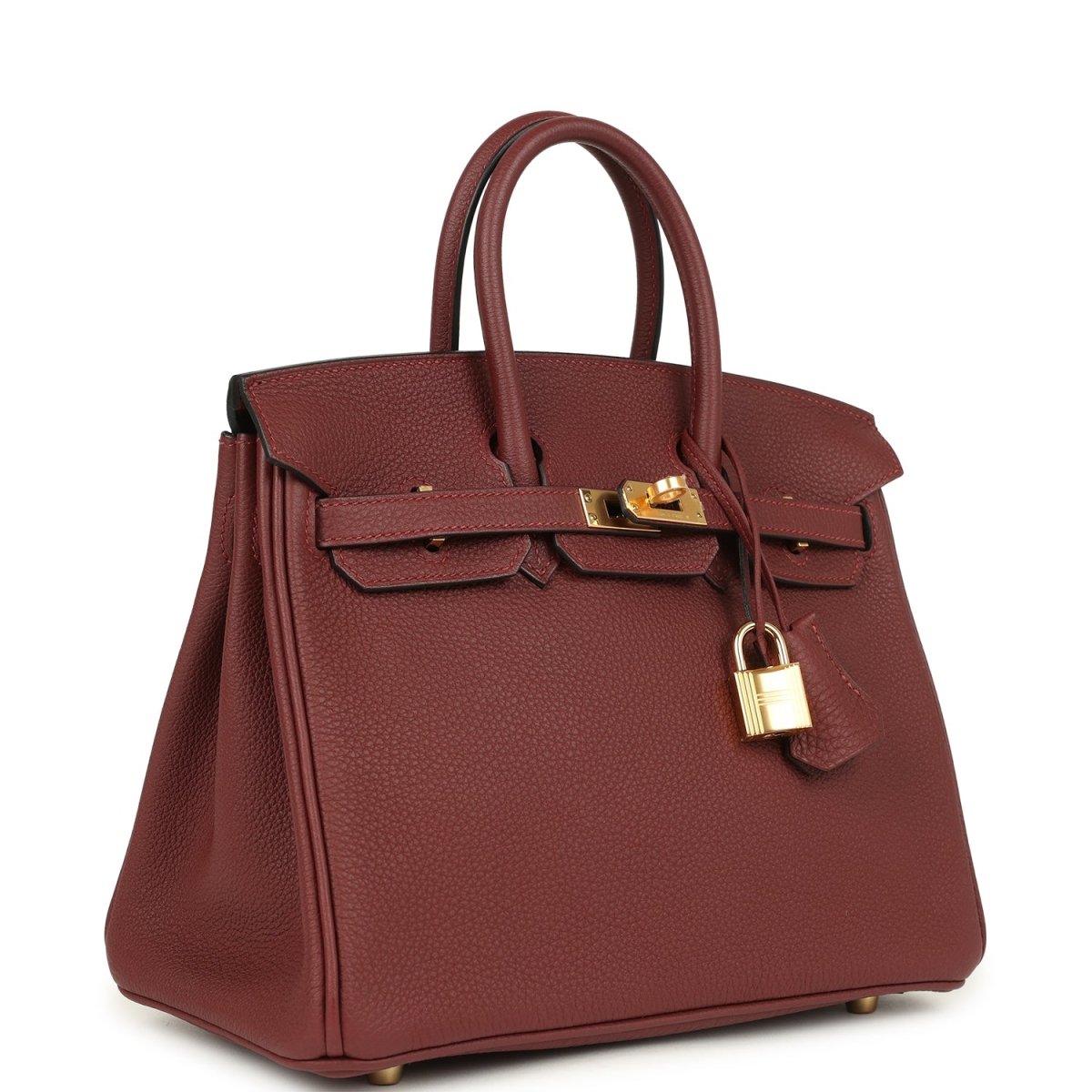 Burgundy leather top-handle handbag with gold clasp, front flap and side gussets.