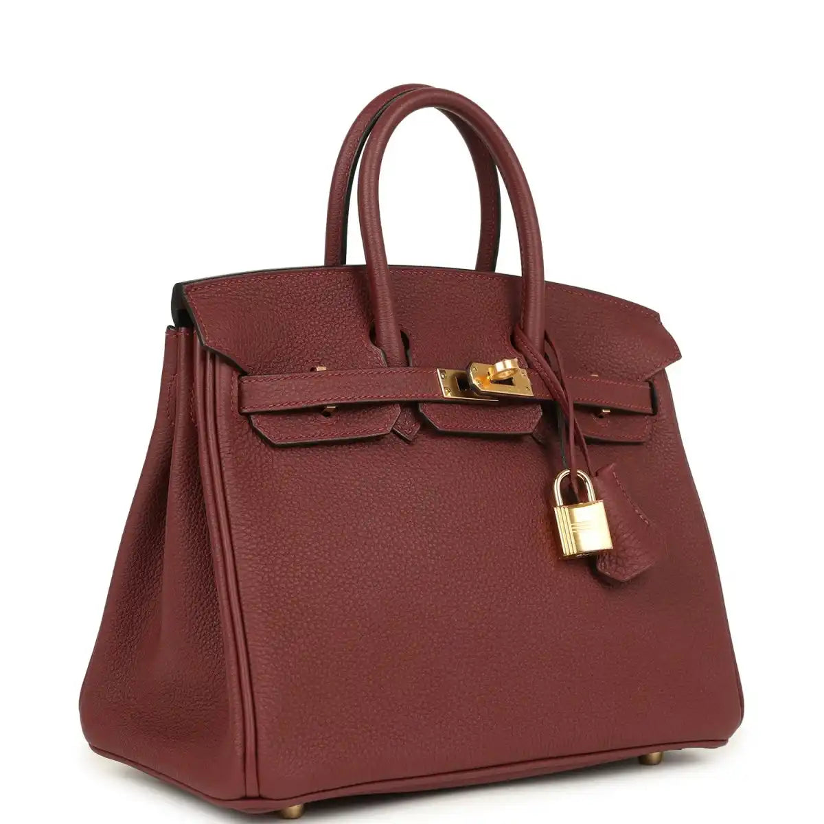 Burgundy leather top-handle handbag with gold clasp, front flap and side gussets.