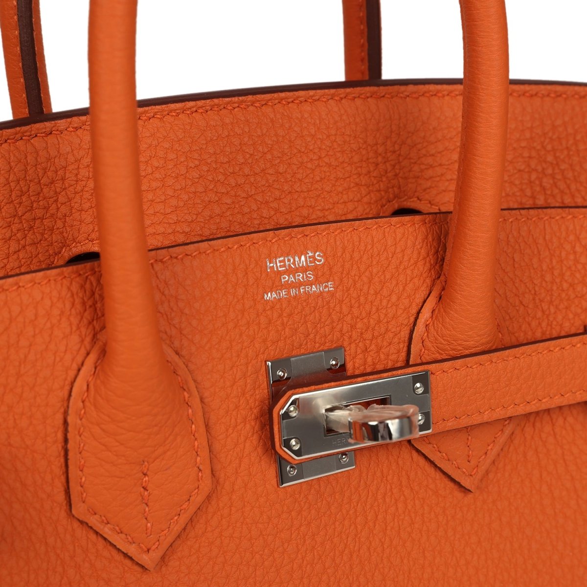 Hermes Birkin 25 handbag interior with leather stamp and silver turn-lock hardware