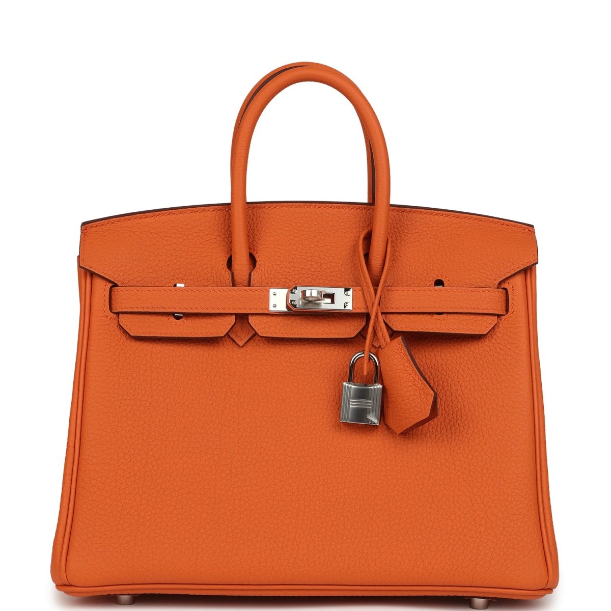 Hermes Birkin 25 handbag with top handles, front flap, and lock in orange leather