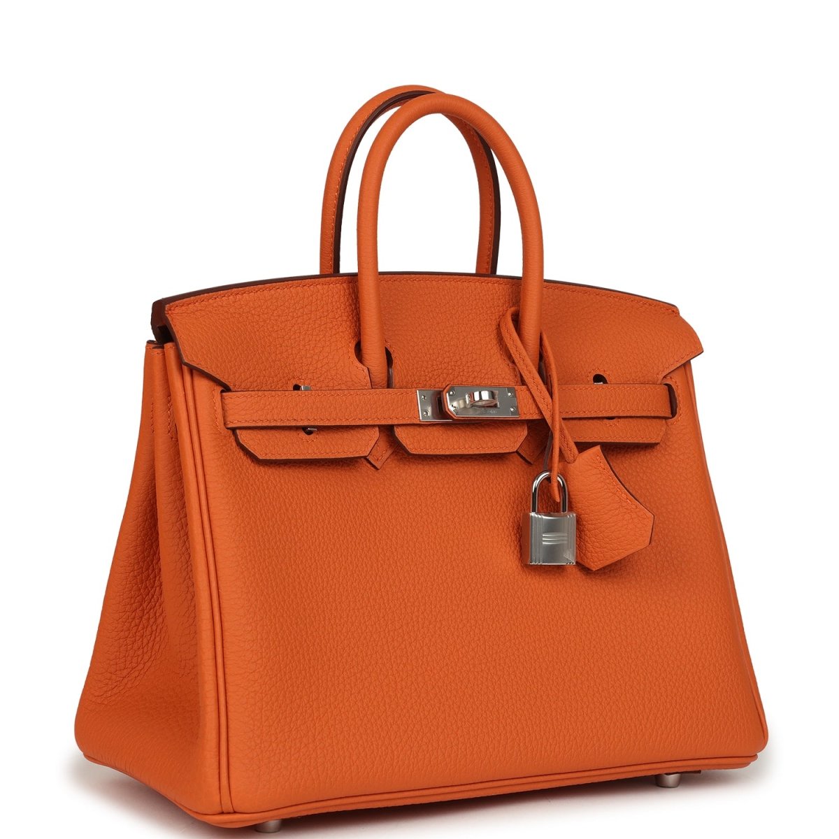 Hermes Birkin 25 handbag in orange leather with top handles and front flap lock