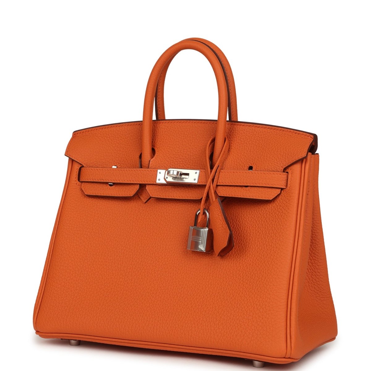 Hermes Birkin 25 handbag in orange leather with top handles, front flap, and padlock